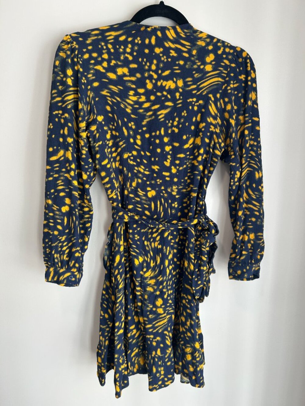 Maje Rosetta Swirling Dot Wrap Dress Ruffle Mini Navy Yellow Size 1 - Picture 9 of 12